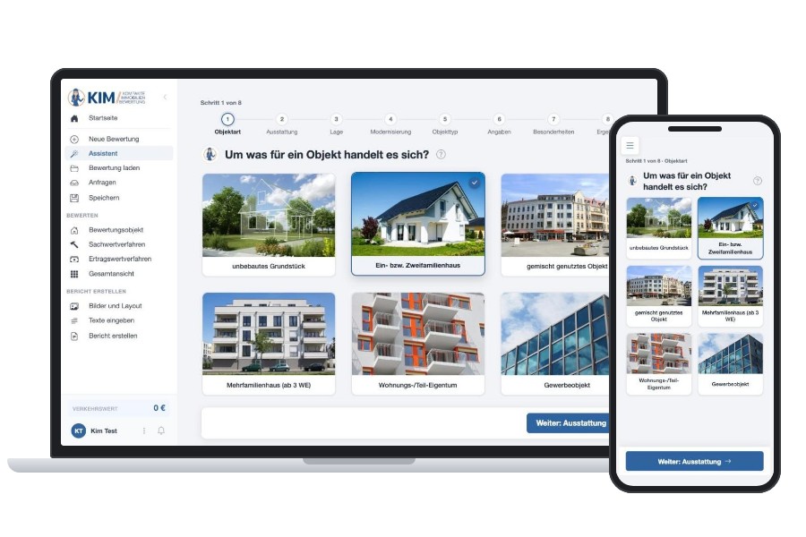 KIM Assistent zur Immobilienbewertung im Browser auf Laptop und Smartphone