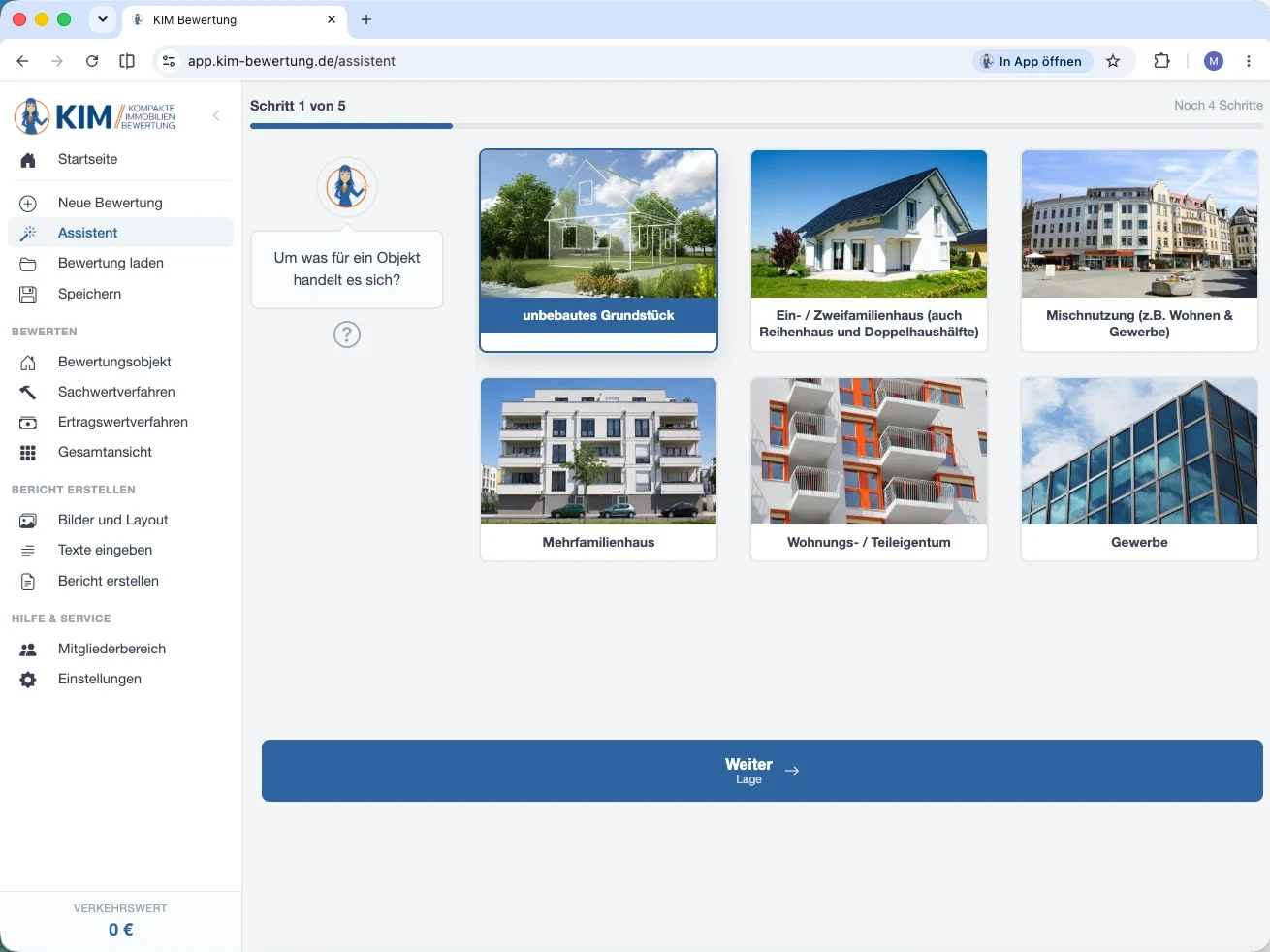 KIM Web-App: Immobilienbewertung online im Browser, Assistent mit Objektarten