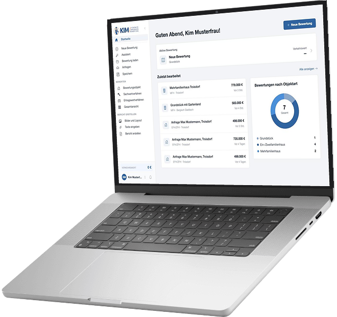 KIM Web-App zur Immobilienbewertung: Startseite mit Bewertungsübersicht auf dem Laptop